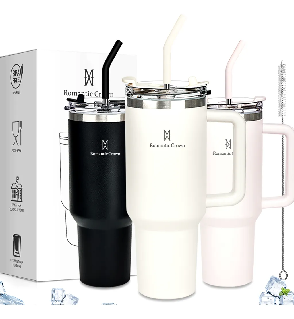 Copo térmico 1,2L nas cores creme, preto e rosa claro com embalagem